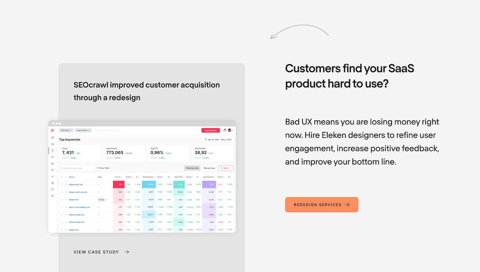 Eleken’s website creates an asymmetrical balance by placing an image on the left and text on the right side of the page.