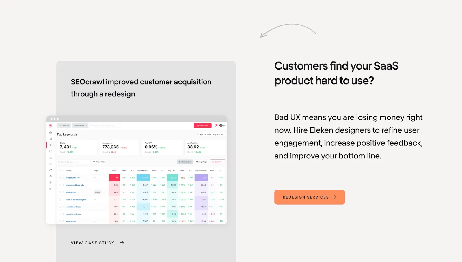 Eleken’s website creates an asymmetrical balance by placing an image on the left and text on the right side of the page.
