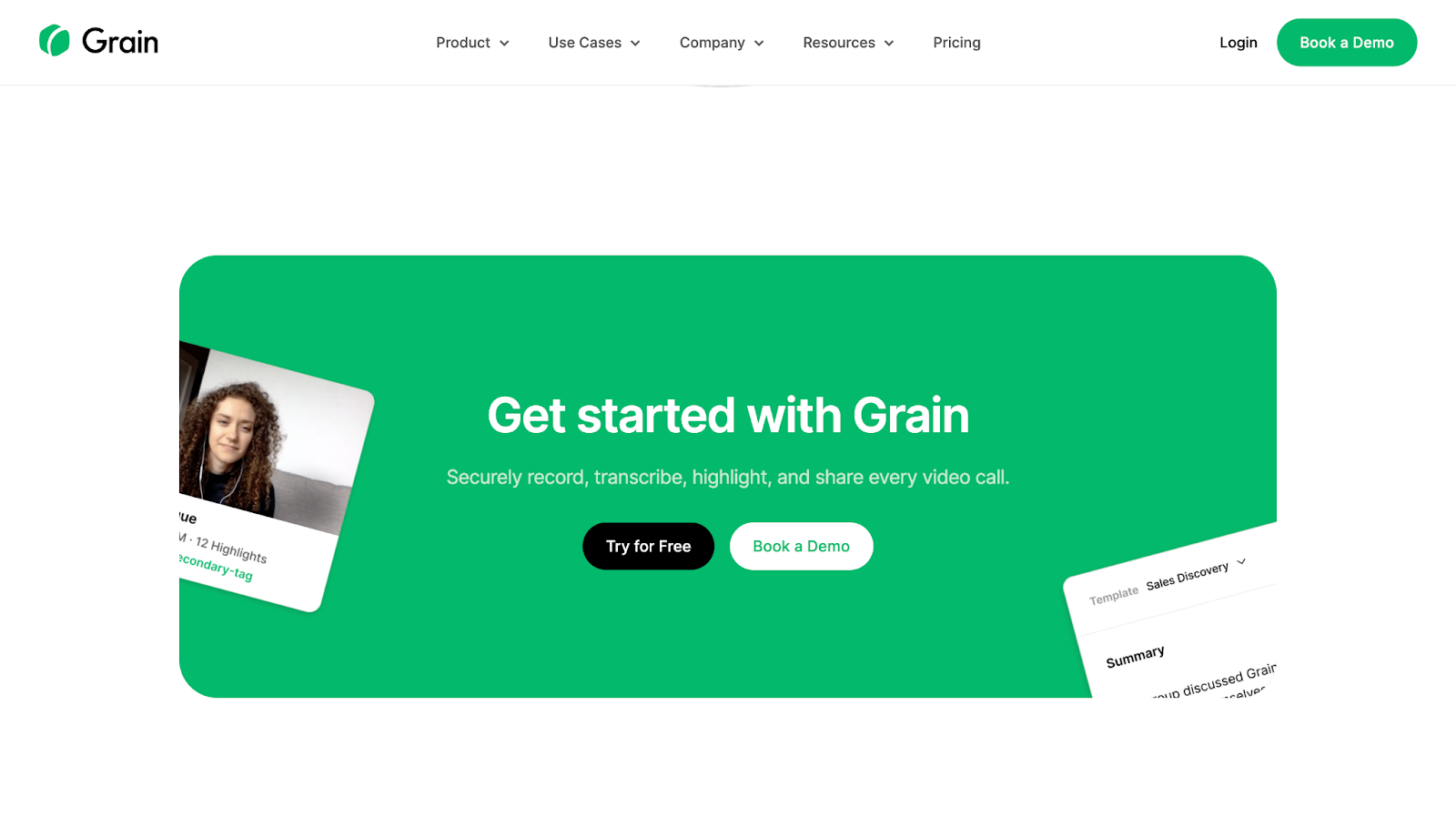 Grain’s website has two CTAs against a green background: “Try for Free” is a black button with white text, and “Book a Demo” is a white button with green text.